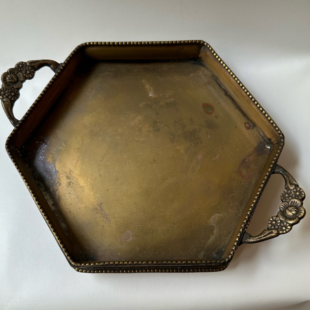 Hexagon Brass Footed Tray with Two Rose Detail Handles - Picture 4 of 6
